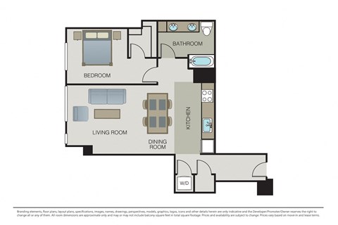 Floor plan for 1 bed, 1 bath, 885 sqft